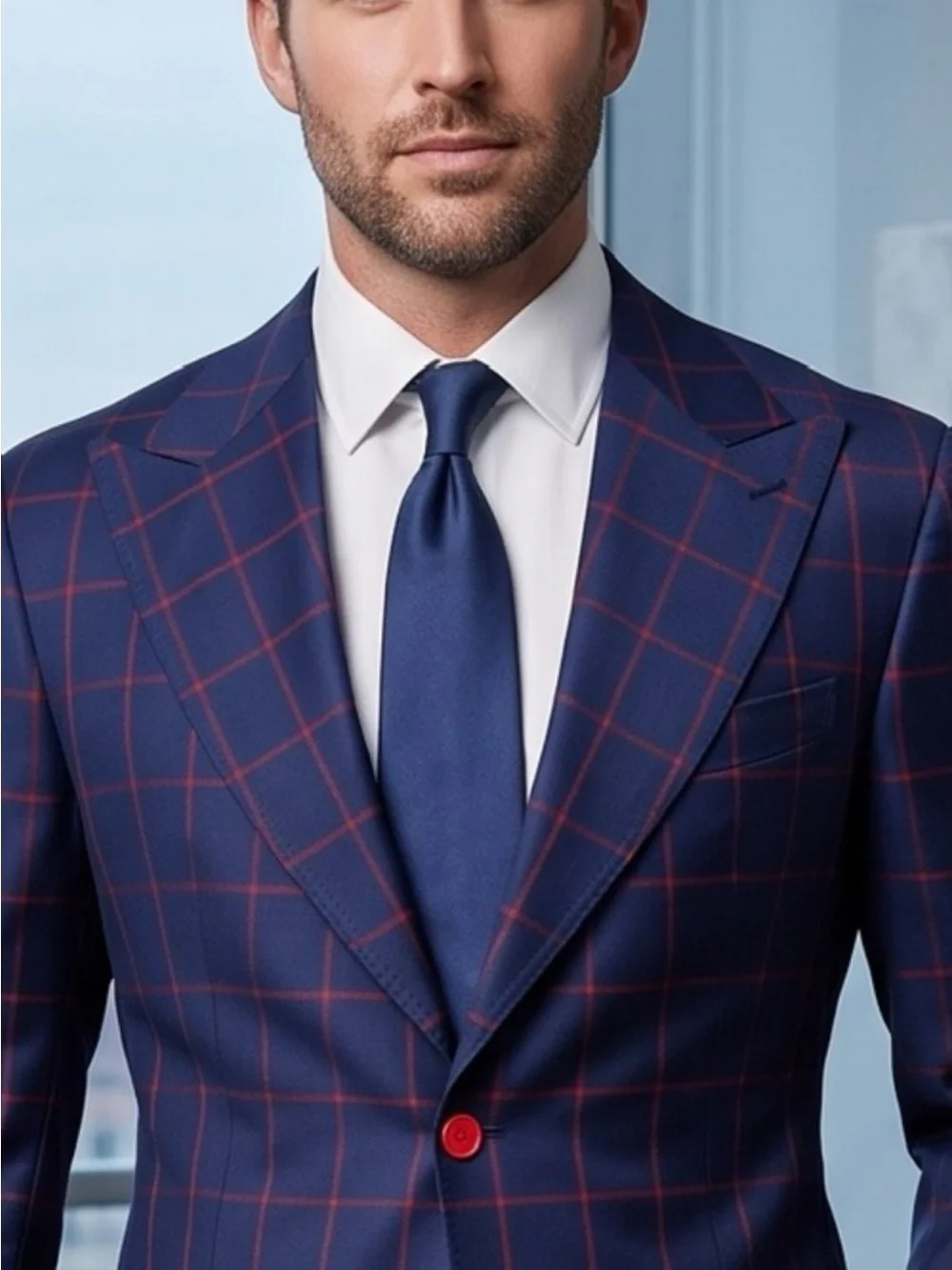 Navy with red Windowpane men’s super 150 wool suit.